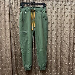 FIGS Olive Green Scrub Joggers with Bright Orange Drawstring